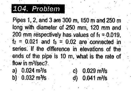 Solved 104. Problem Pipes 1, 2, and 3 are 300 m, 150 m and | Chegg.com