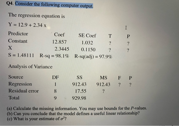 Solved Q4. Consider the following computer output. The | Chegg.com