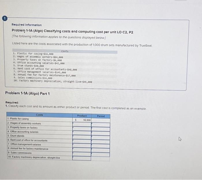 Solved Required Information Problem, 1-1A (Algo) Classifying | Chegg.com