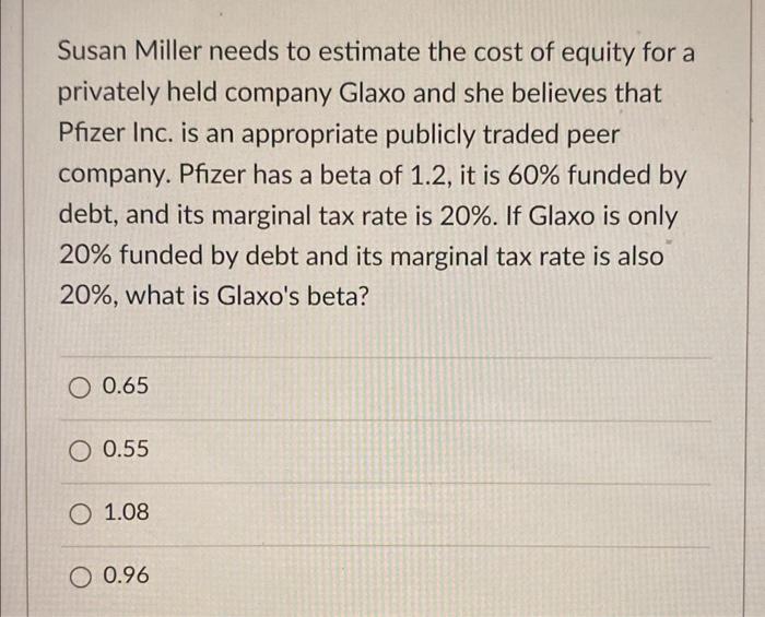 Susan Miller needs to estimate the cost of equity for a privately held company Glaxo and she believes that Pfizer Inc. is an