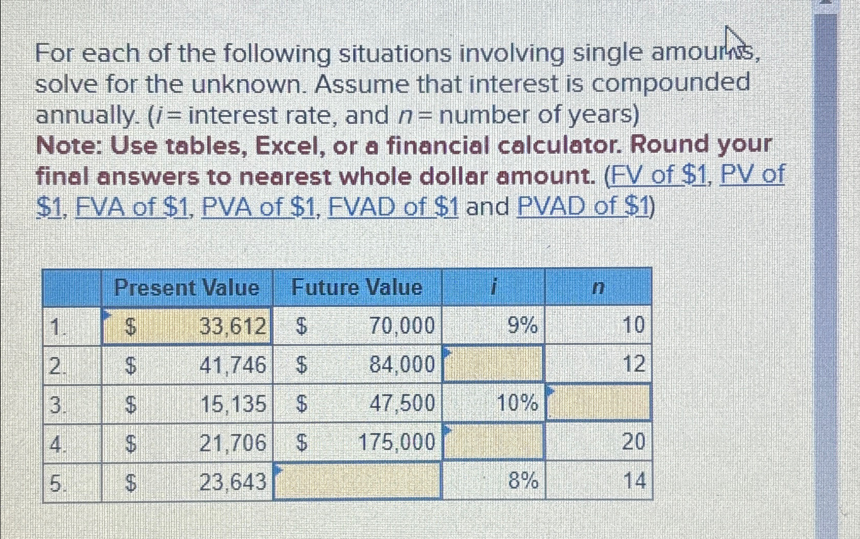 Solved Use Excel Please .For each of the following | Chegg.com