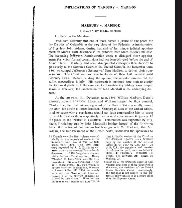 Solved IMPLICATIONS OF MARBURY V. MADISON v MARBURY V. Chegg