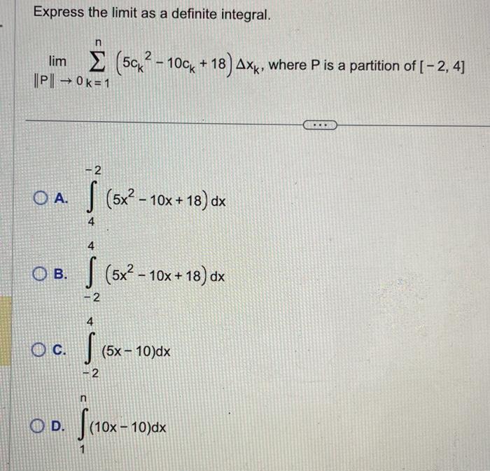 Solved Express the limit as a definite integral. | Chegg.com