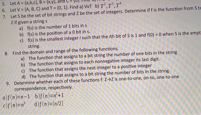 Solved 5. Let A = {a,b,c}, B = {x,y}, 6. Let V = {A, B, C) | Chegg.com