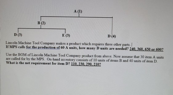 A (1) B (2) D (3) E (3) D(4) Lincoln Machine Tool Company makes a product which requires three other parts. If MPS calls for