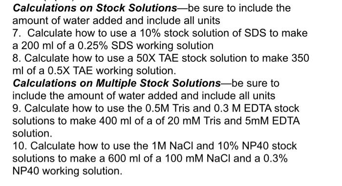 Solved Calculations on Stock Solutions—be sure to include | Chegg.com