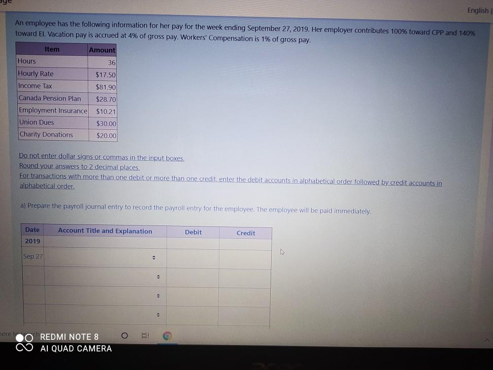 Solved English An Employee Has The Following Information For Chegg