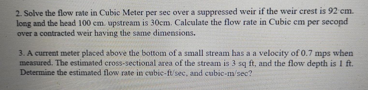 Solved 2. Solve the flow rate in Cubic Meter per sec over a | Chegg.com