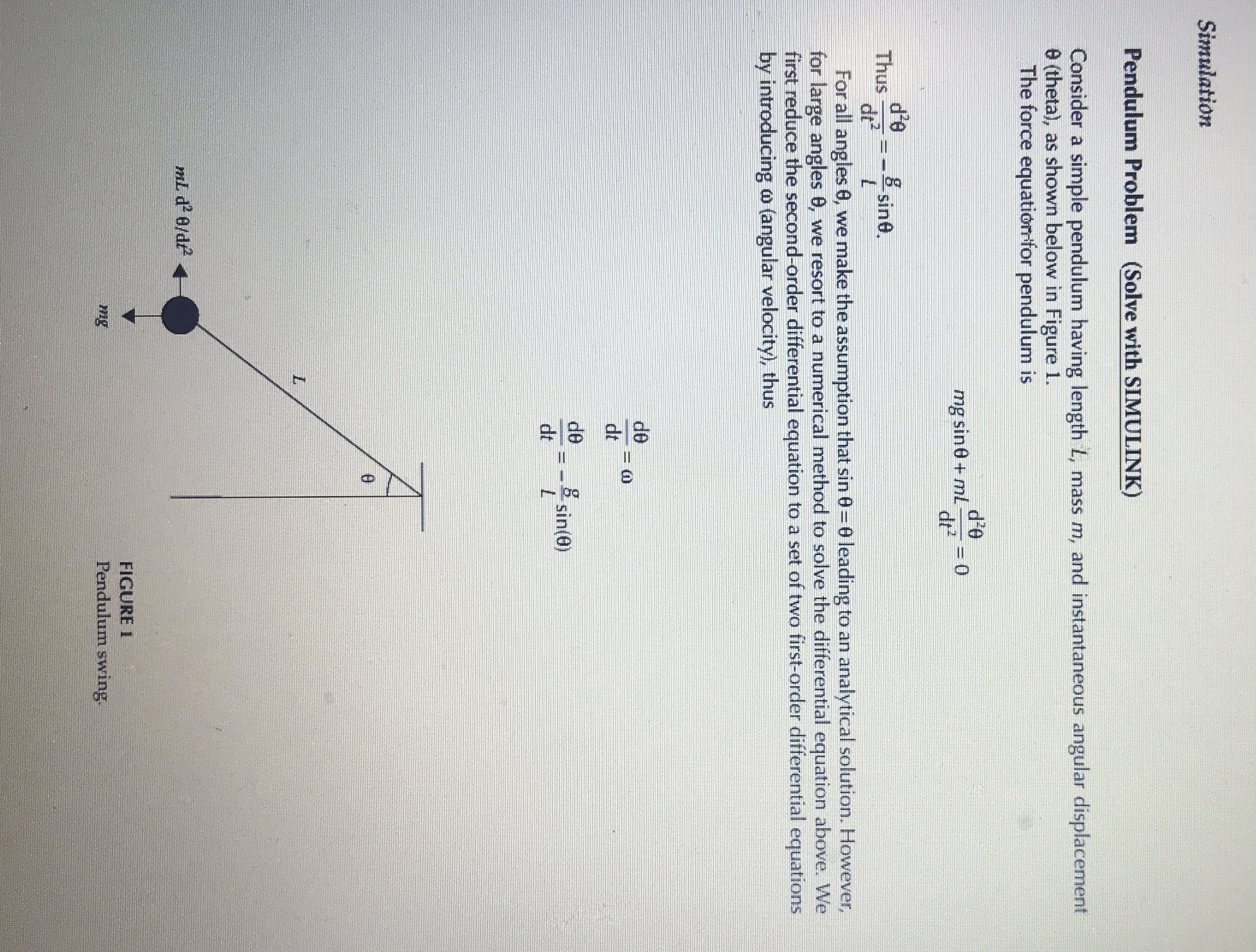 Solved SimulationPendulum Problem (Solve with | Chegg.com