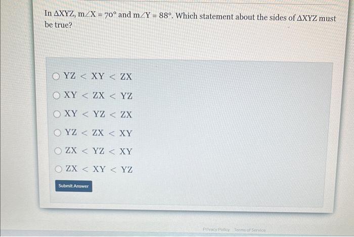 Solved In XYZ,m∠X=70∘ and m∠Y=88∘. Which statement about | Chegg.com