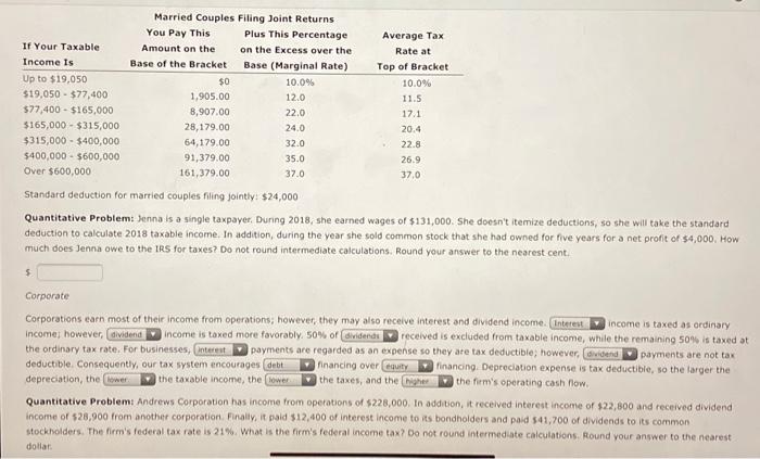 Solved Jenna is a single taxpayer. During 2018, she earned | Chegg.com