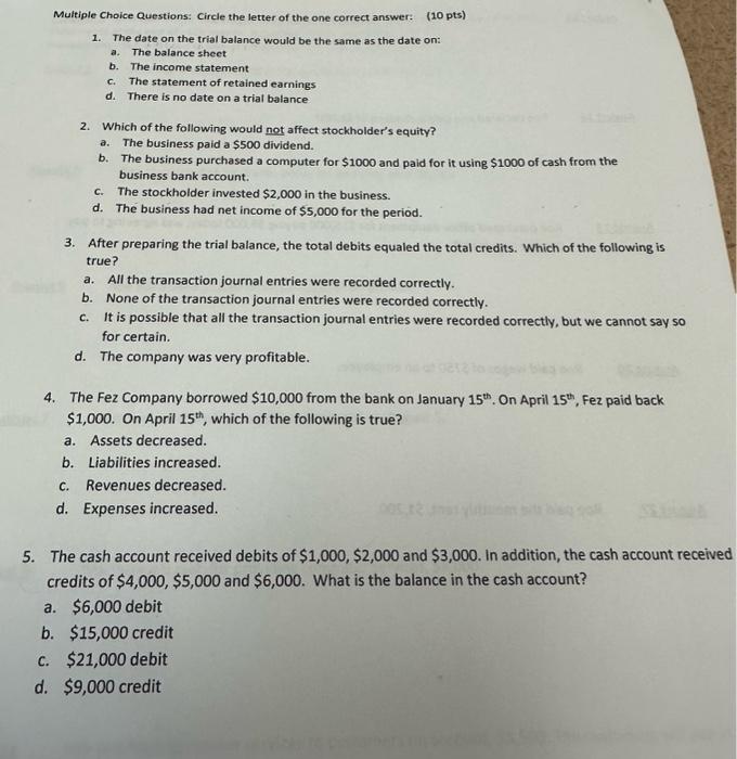 Solved Multiple Choice Questions: Circle the letter of the | Chegg.com