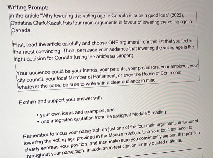 In The Article Why Lowering The Voting Age In Canada Chegg Com   Image