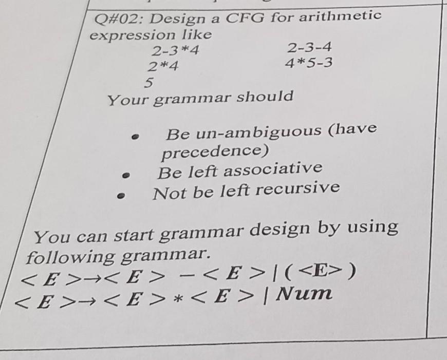 Designing Cfg Syntax Solved Q\#02: Design a CFG for arithmetic exprecsion like | Chegg.com