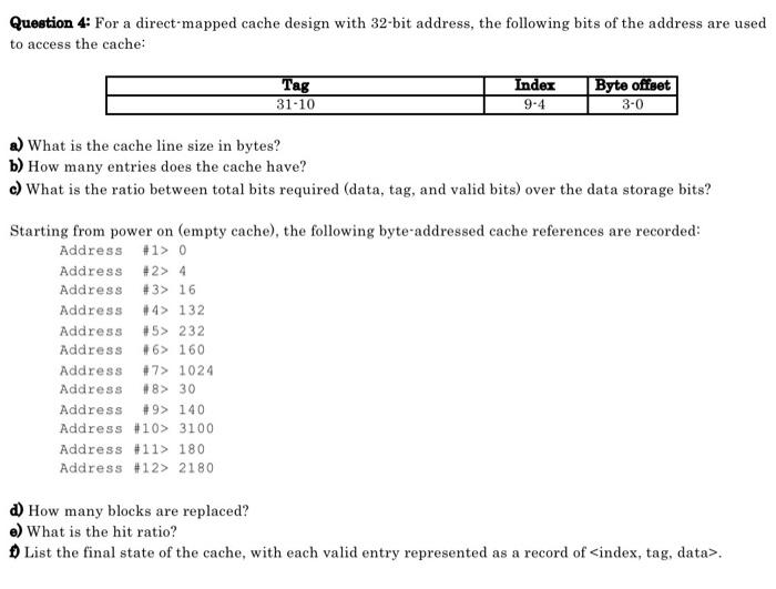Solved Question 4: For a direct mapped cache design with | Chegg.com