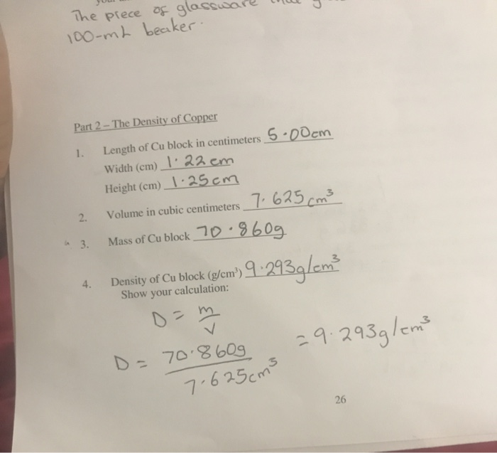 Solved Accepted density of Cu from CRC Handbook of Chemistry
