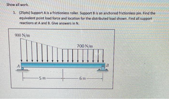 Solved Show all work. 1. (25pts) Support A is a frictionless | Chegg.com