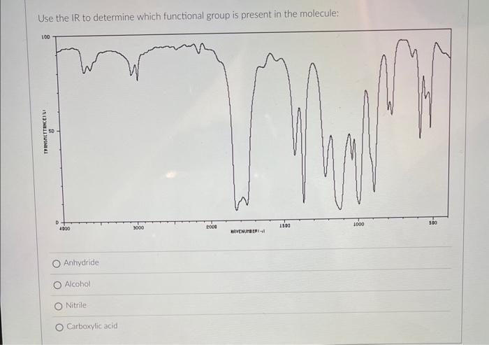 Use the \( \mathbb{R} \) to determine which functional group is present in the molecule:
Anhydride
Alcohol
Nitrile
Carboxylic