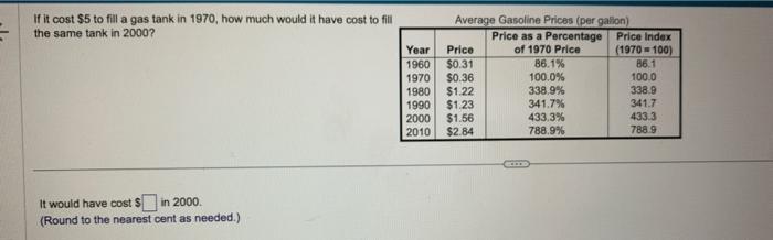 Solved If it cost $5 to fill a gas tank in 1970 , how much | Chegg.com