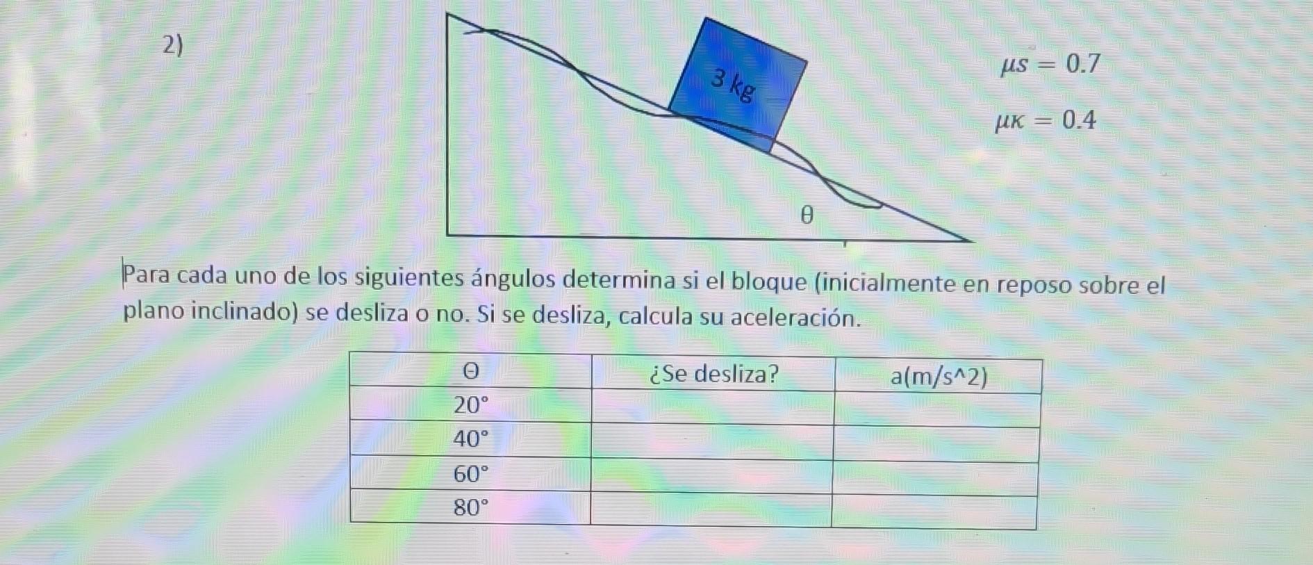 \[ \begin{aligned} \mu s & =0.7 \\ \mu \kappa & =0.4 \end{aligned} \] Para cada uno de los siguientes ángulos determina si el