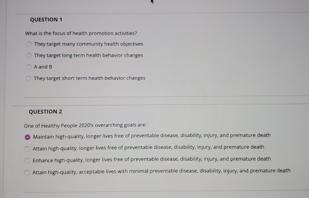 Solved QUESTION 1 What is the focus of health promotion | Chegg.com
