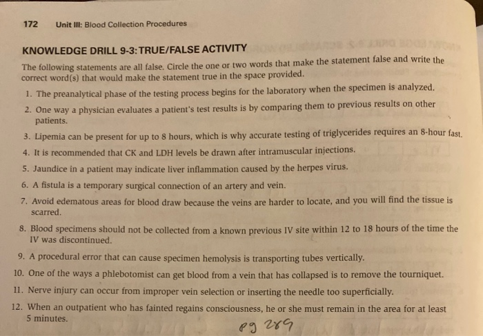 Solved 172 Unit III: Blood Collection Procedures KNOWLEDGE | Chegg.com