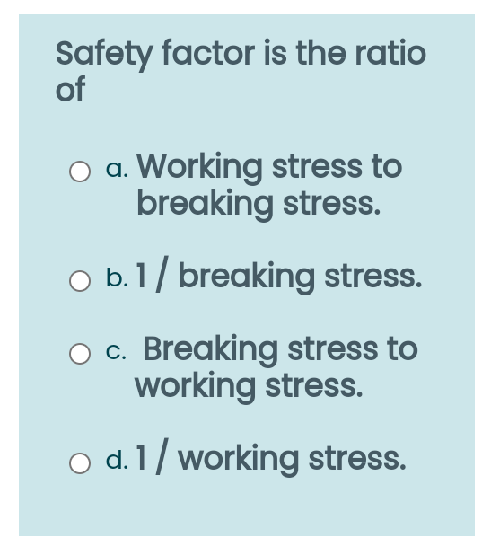 Solved Safety factor is the ratio of o a. Working stress to | Chegg.com