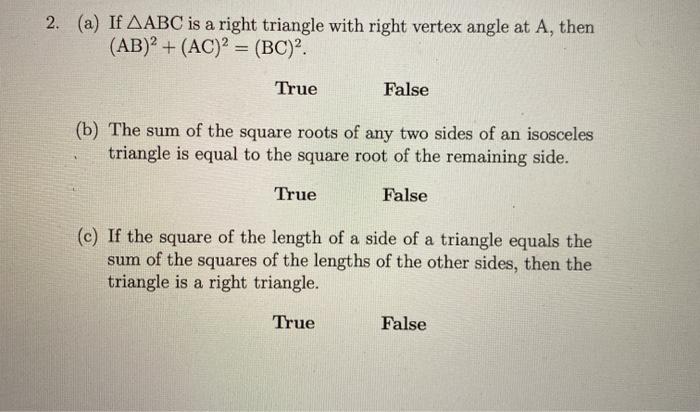 Solved 2. (a) If AABC is a right triangle with right vertex | Chegg.com