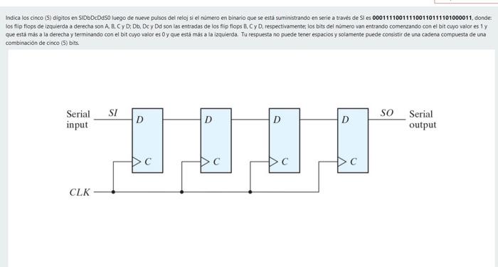 Indica los cinco (5) digiros en SIDbDCDdS0 luego de mueve pulsos del reloj si el nümero en binario que se esta suministrando