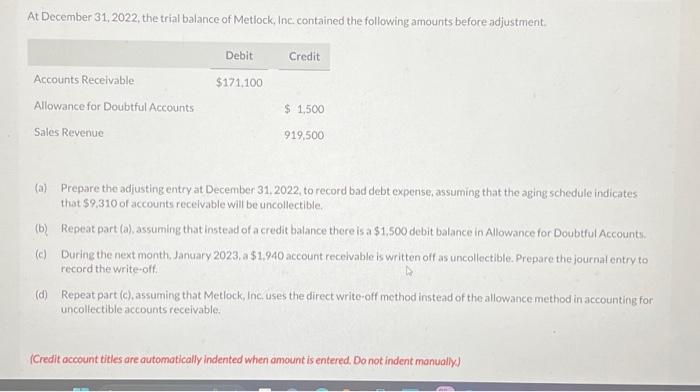 Solved At December 31, 2022, the trial balance of Metlock, | Chegg.com