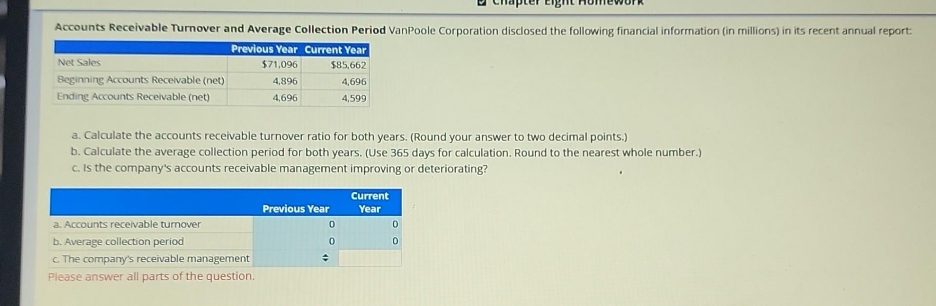 Solved a. Calculate the accounts receivable turnover ratio | Chegg.com