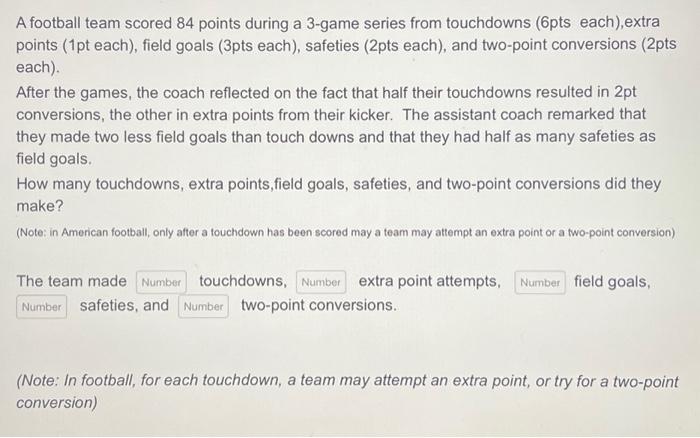 Solved A Football Team Scored 84 Points During A 3-game | Chegg.com