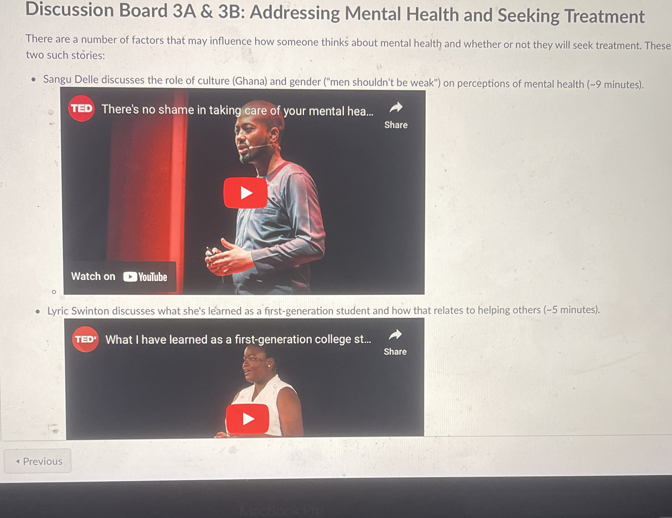 Discussion Board 3A & 3B Addressing Mental Health