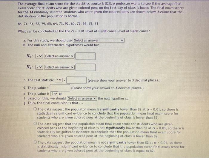 Solved The average final exam score for the statistics | Chegg.com