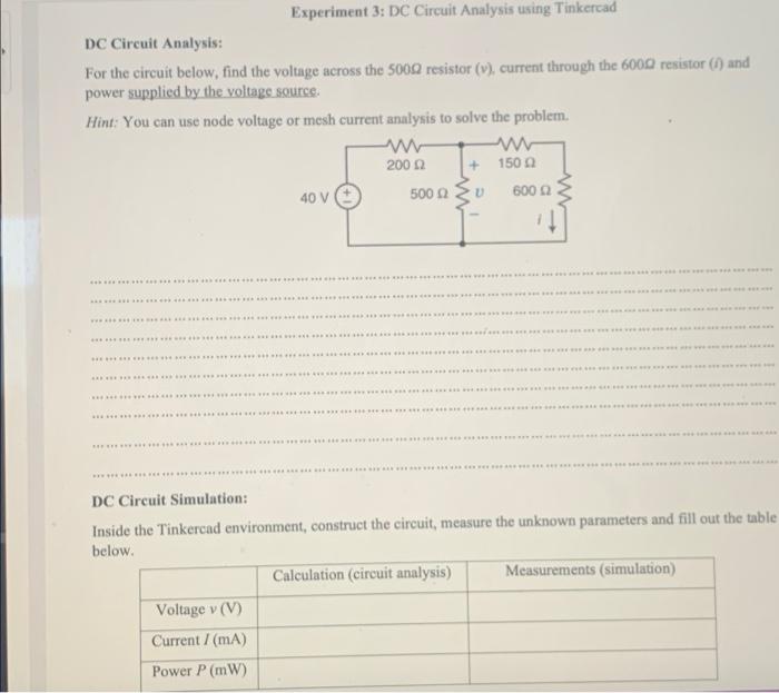 Solved Experiment 3 DC Circuit Analysis using Tinkercad DC