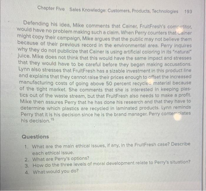 Solved Perry Ackerman. a product manager for FrultFresh. Is | Chegg.com