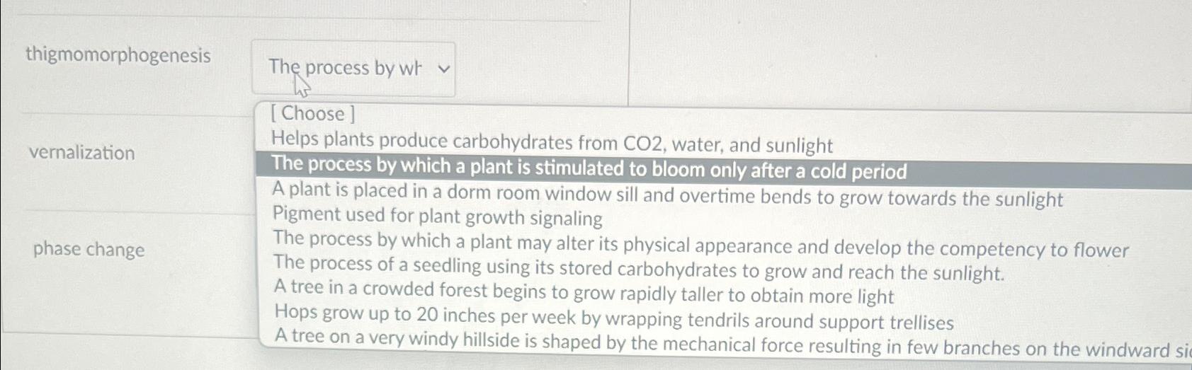 Solved thigmomorphogenesisvernalizationphase changeThe | Chegg.com