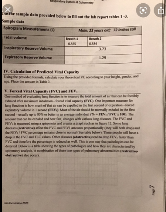 Solved Respiratory System & Spirometry X Use the sample data