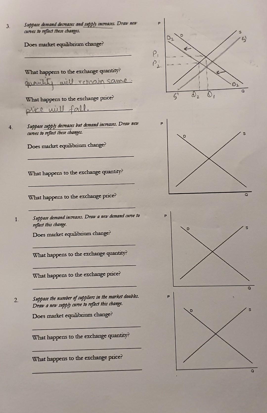 Solved 3. Suppose demand decreases and supph increases. Draw | Chegg.com