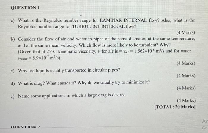 Solved QUESTION 1 a) What is the Reynolds number range for | Chegg.com