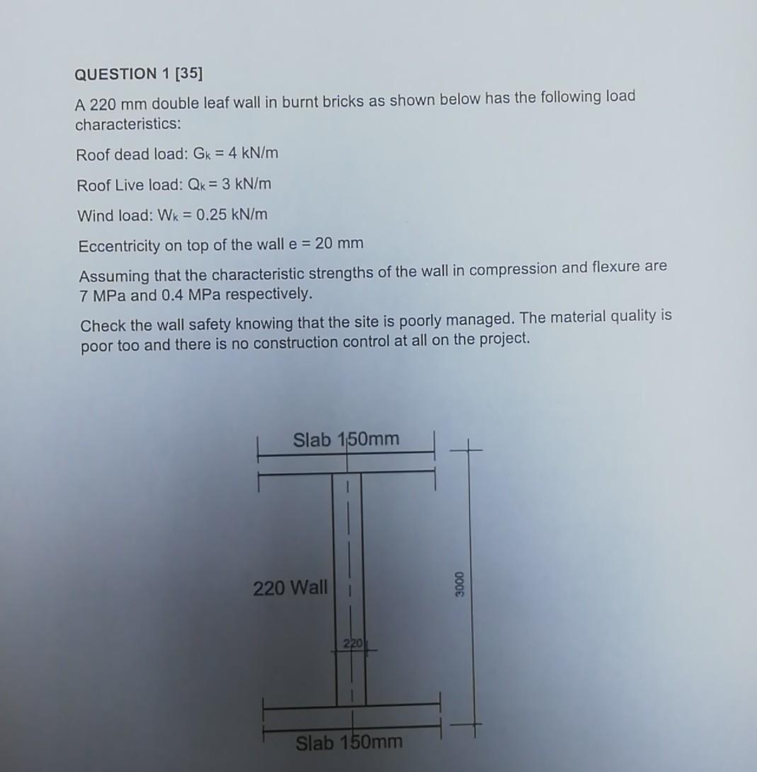 Solved QUESTION 1 [35] A 220 mm double leaf wall in burnt