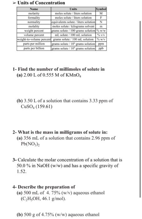 Solved Units Of Concentration Name Units Symbol Molarity Chegg Com
