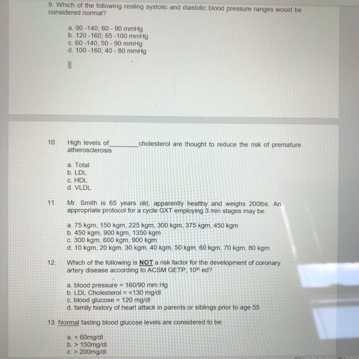 Solved 9 Which Of The Following Resting Systolic And Chegg Com