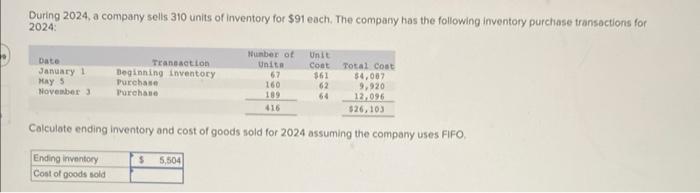 Solved During 2024 A Company Sells 310 Units Of Inventory Chegg Com   Image