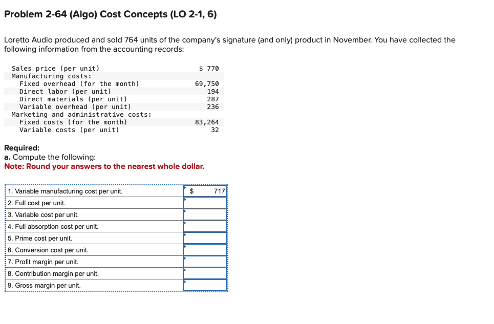 Problem 2-64 (Algo) ﻿Cost Concepts (LO 2-1, 6)Loretto | Chegg.com