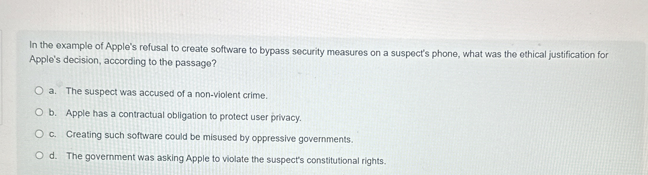 Solved In the example of Apple's refusal to create software | Chegg.com
