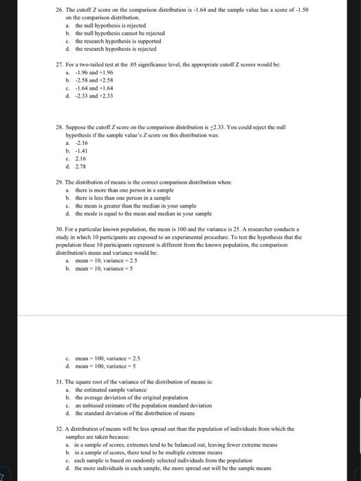 Solved 26. The cutoff Z score on the comparison distribution | Chegg.com