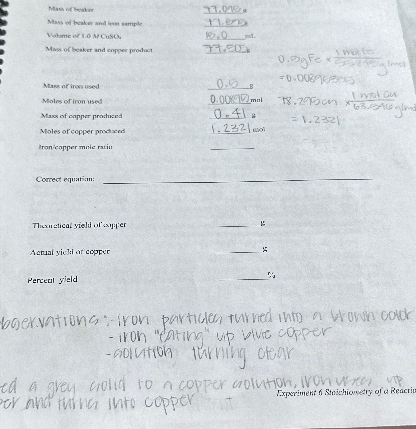 Correct equationTheoretical yield of copperActual
