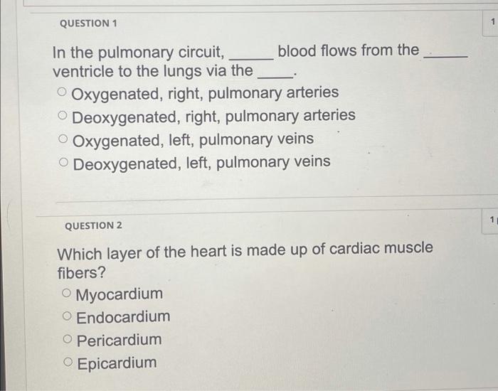 Solved QUESTION 1 1 In the pulmonary circuit, blood flows | Chegg.com