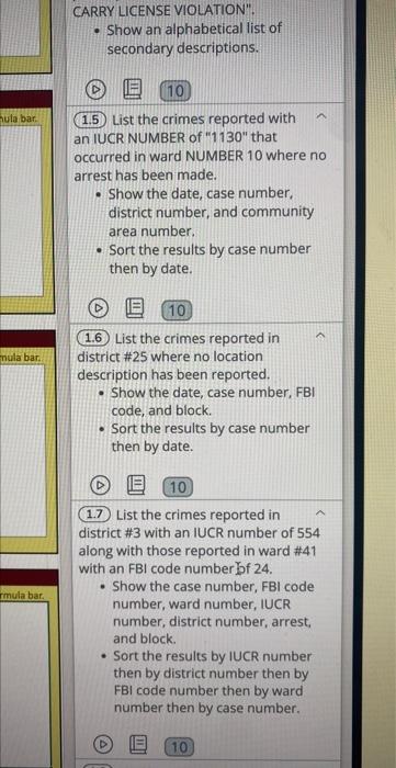 hula bar.
mula bar.
rmula bar.
CARRY LICENSE VIOLATION.
Show an alphabetical list of
secondary descriptions.
OE 10
(1.5) Lis